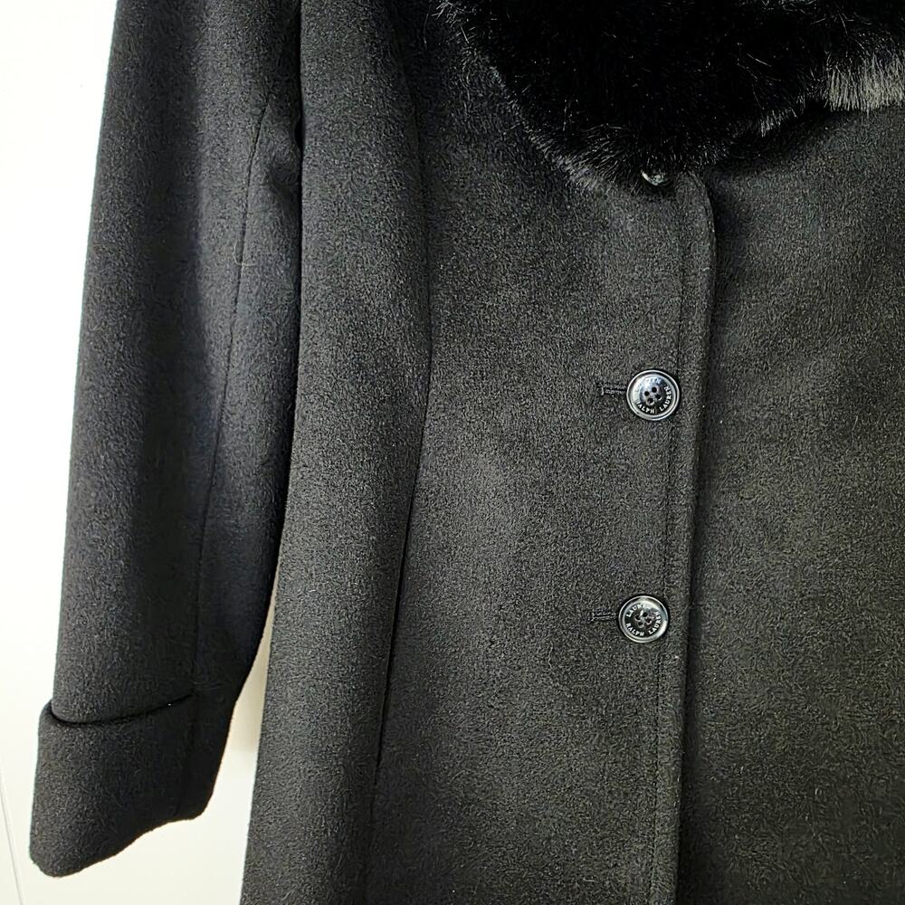 Lauren Ralph Lauren Wool Blend Coat 2P Black Faux Fur Collar Old Money Long - Picture 7 of 12